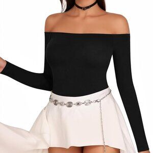 Y2K Sexy Black Off Shoulder Long Sleeve Bodysuit Backless Slim Fit Going Out Top